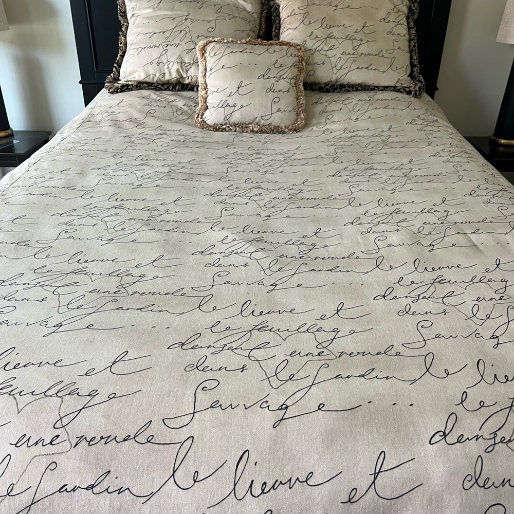 Elegant Script Duvet Cover Set in Cream and Black Designer Fabric by Waverly